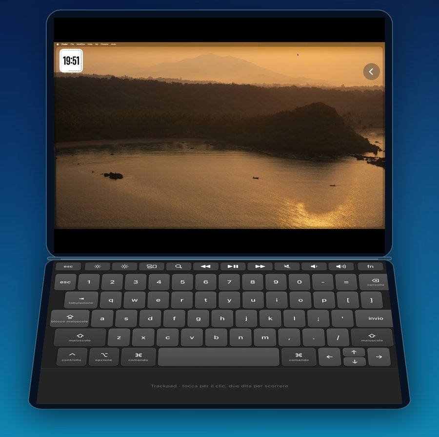 iPhone Duo opened like a laptop, the Mac's screen on top and the keyboard below