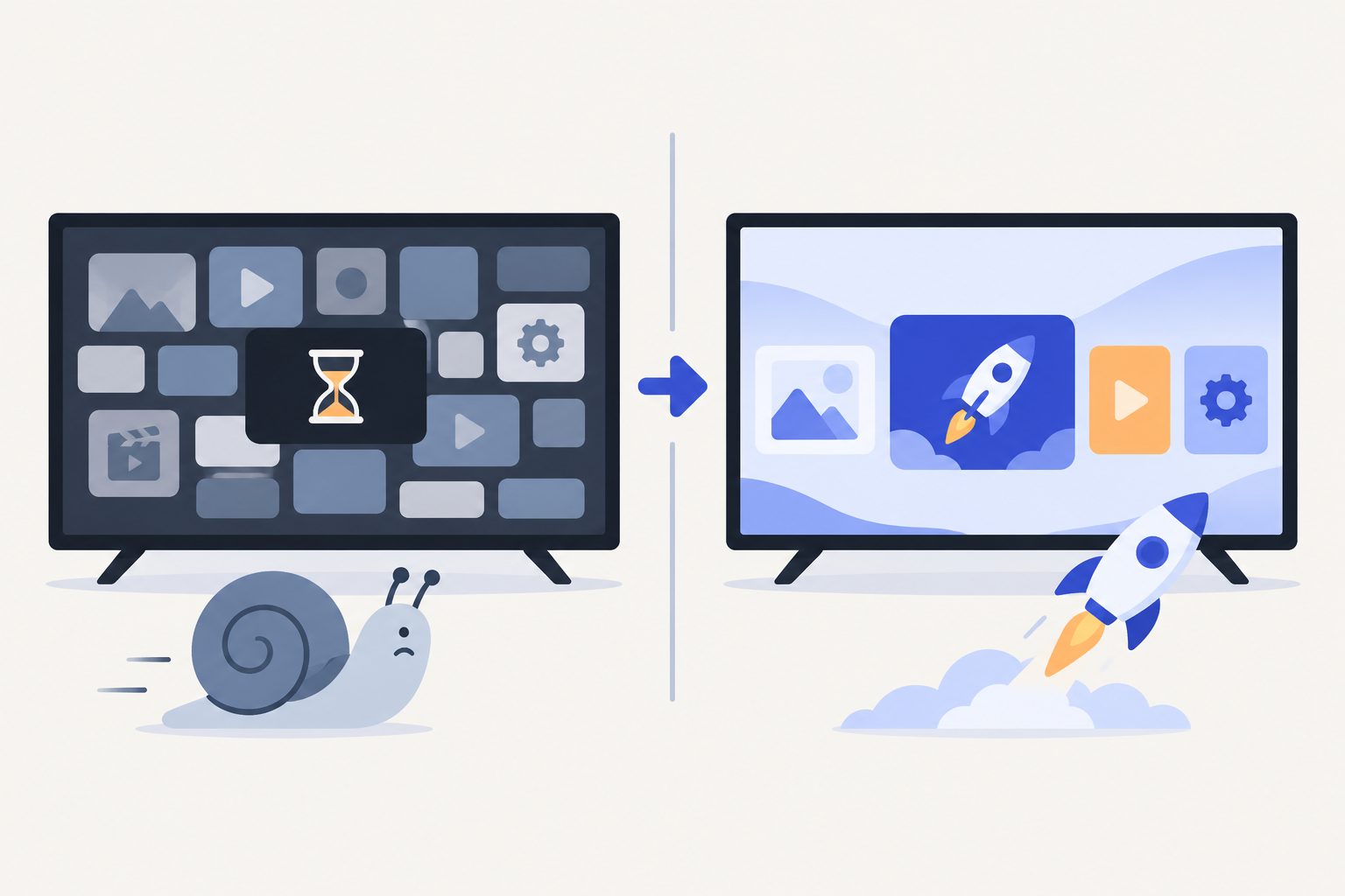 Illustration: on the left a TV cluttered with apps and an hourglass, on the right the same TV clean and fast