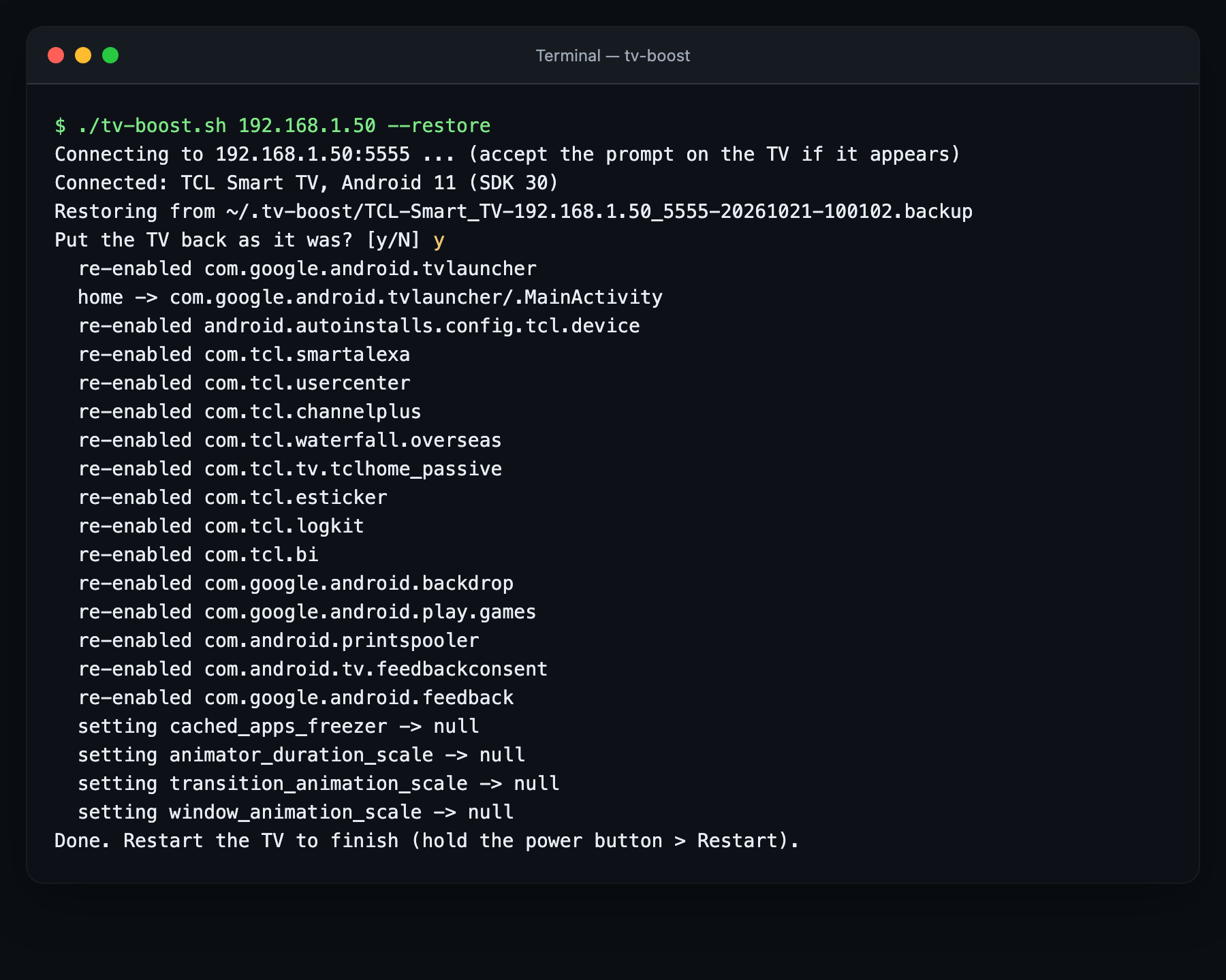 Terminal output of the restore: every change undone