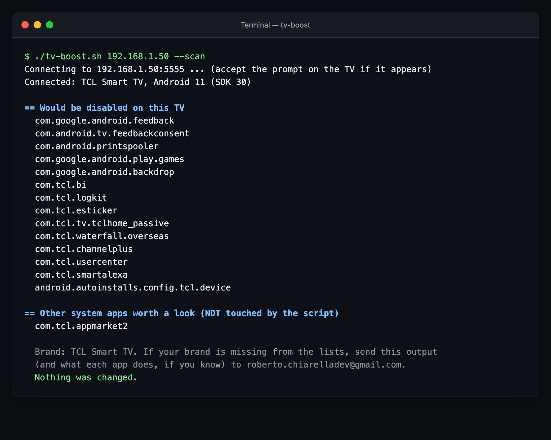 Terminal output of a scan: the apps that would be switched off on a TCL TV, nothing changed
